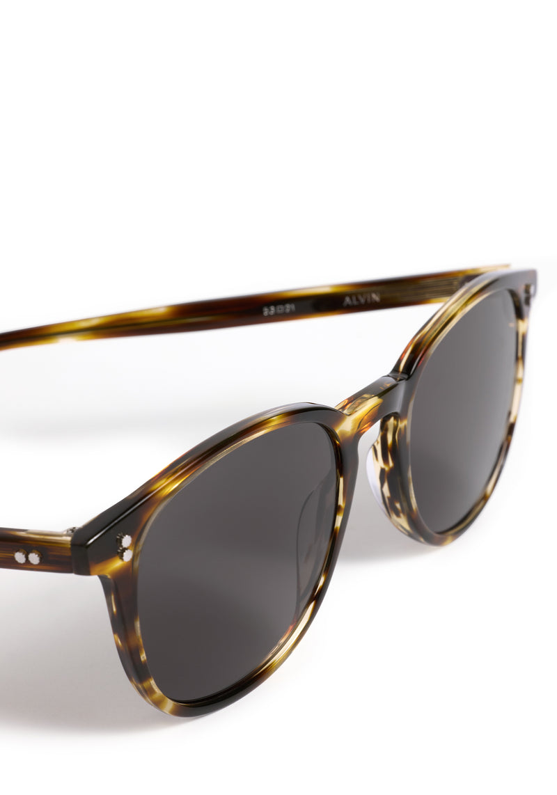 ALVIN | Oak Handcrafted, luxury dark brown and tan tortoise acetate large round wayfarer KREWE sunglasses womens model