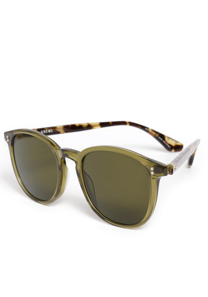 ALVIN | Olive + Iberia Polarized Handcrafted, luxury green and tortoise acetate large round wayfarer polarized KREWE sunglasses womens model