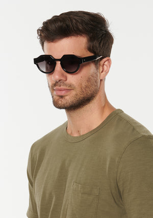 ASTOR | Black + Shadow Handcrafted, luxury black acetate KREWE sunglasses mens model | Model: Douglas