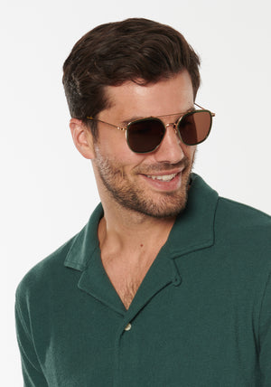 AUSTIN | 18K Titanium + Bottle Green + Zulu Handcrafted, luxury titanium and dark green acetate aviator KREWE sunglasses with brown tortoise temple tips Matthew McConaughey sunglasses mens model | Model: Douglas