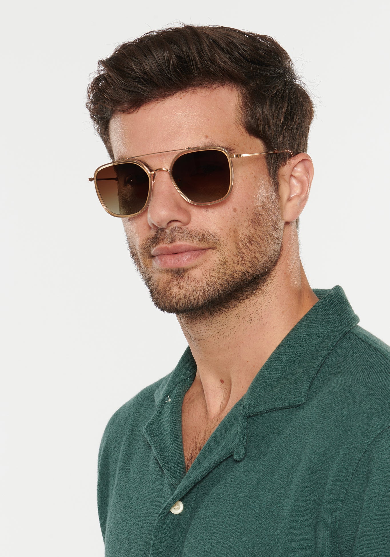 AUSTIN | Champagne 18K Titanium Polarized Handcrafted, Luxury Yellow Acetate KREWE Sunglasses mens model campaign | Model: Douglas