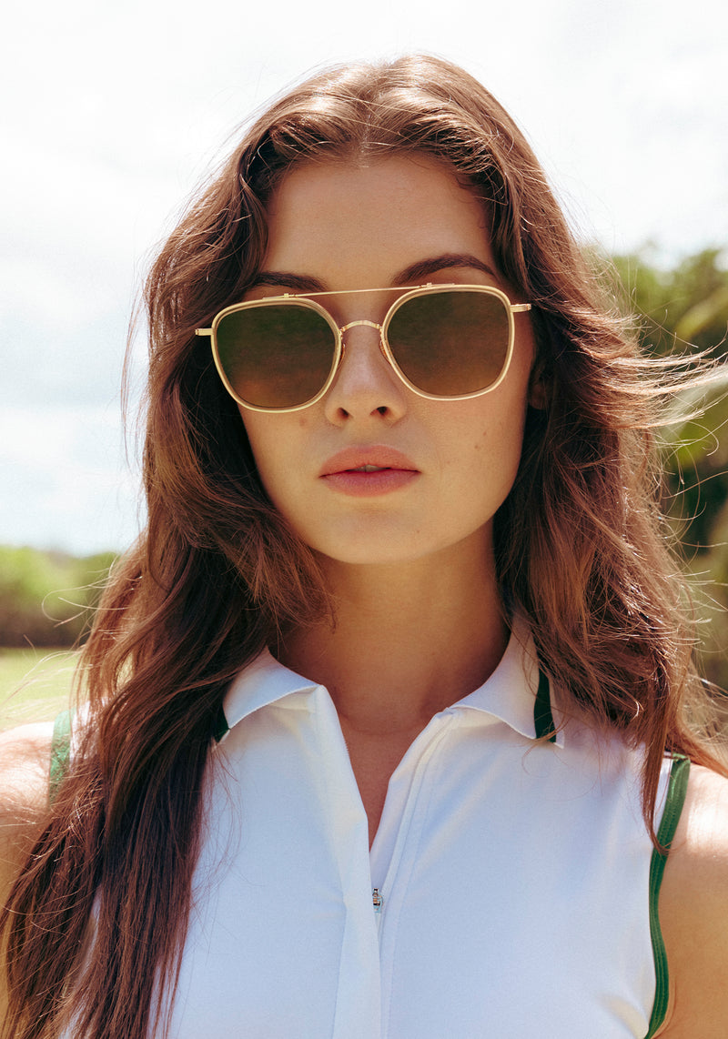 AUSTIN | Champagne 18K Titanium Polarized Handcrafted, Luxury Yellow Acetate KREWE Sunglasses Matthew McConaughey sunglasses womens model campaign | Model: Kennidy