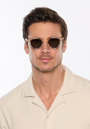 BARRETT | Haze + Iberia Polarized Handcrafted, luxury champagne and brown tortoise acetate round KREWE polarized sunglasses mens model | Model: Tom