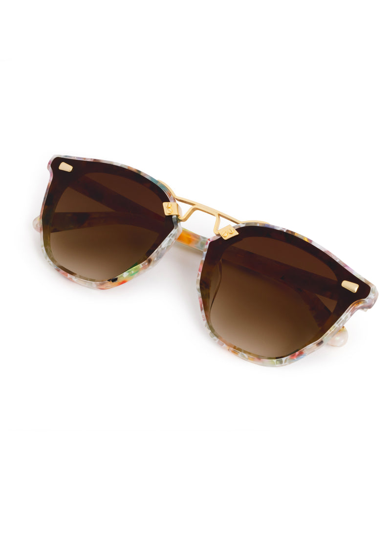 BEAU NYLON | Sucre 18K Handcrafted, luxury, multicolored square acetate KREWE sunglasses with gold bridge and hardware and flat edge to edge nylon lens 