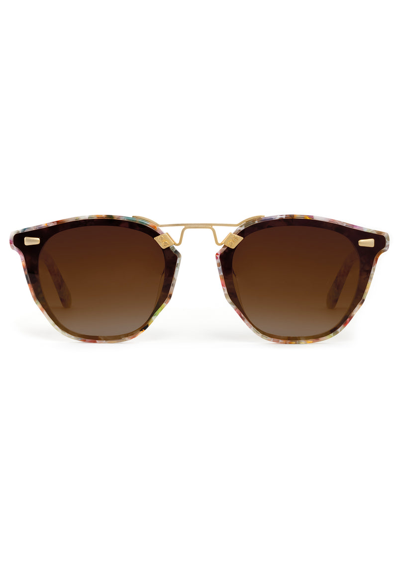 BEAU NYLON | Sucre 18K Handcrafted, luxury, multicolored square acetate KREWE sunglasses with gold bridge and hardware and flat edge to edge nylon lens 