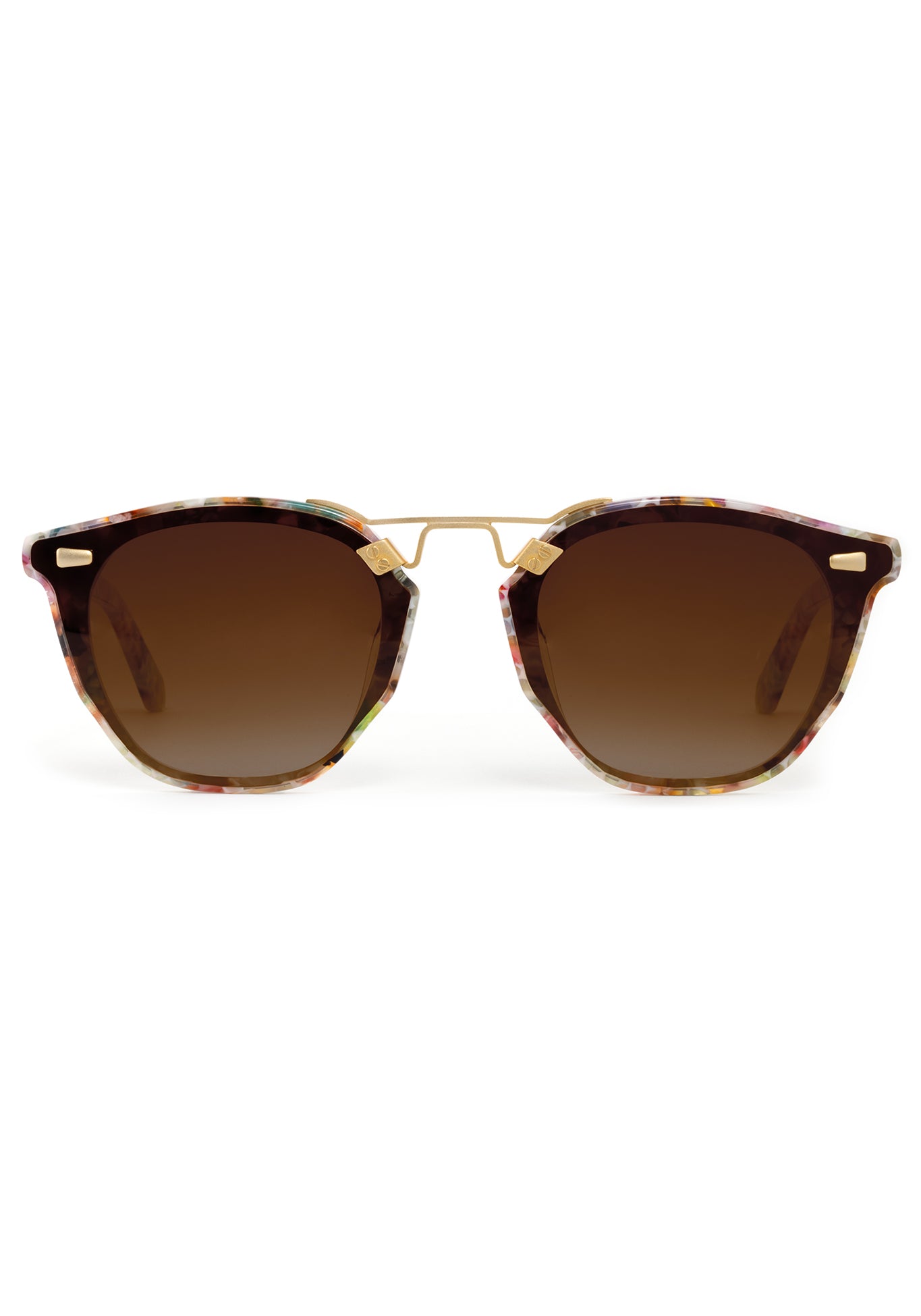 BEAU NYLON | Sucre 18K Handcrafted, luxury, multicolored square acetate KREWE sunglasses with gold bridge and hardware and flat edge to edge nylon lens 