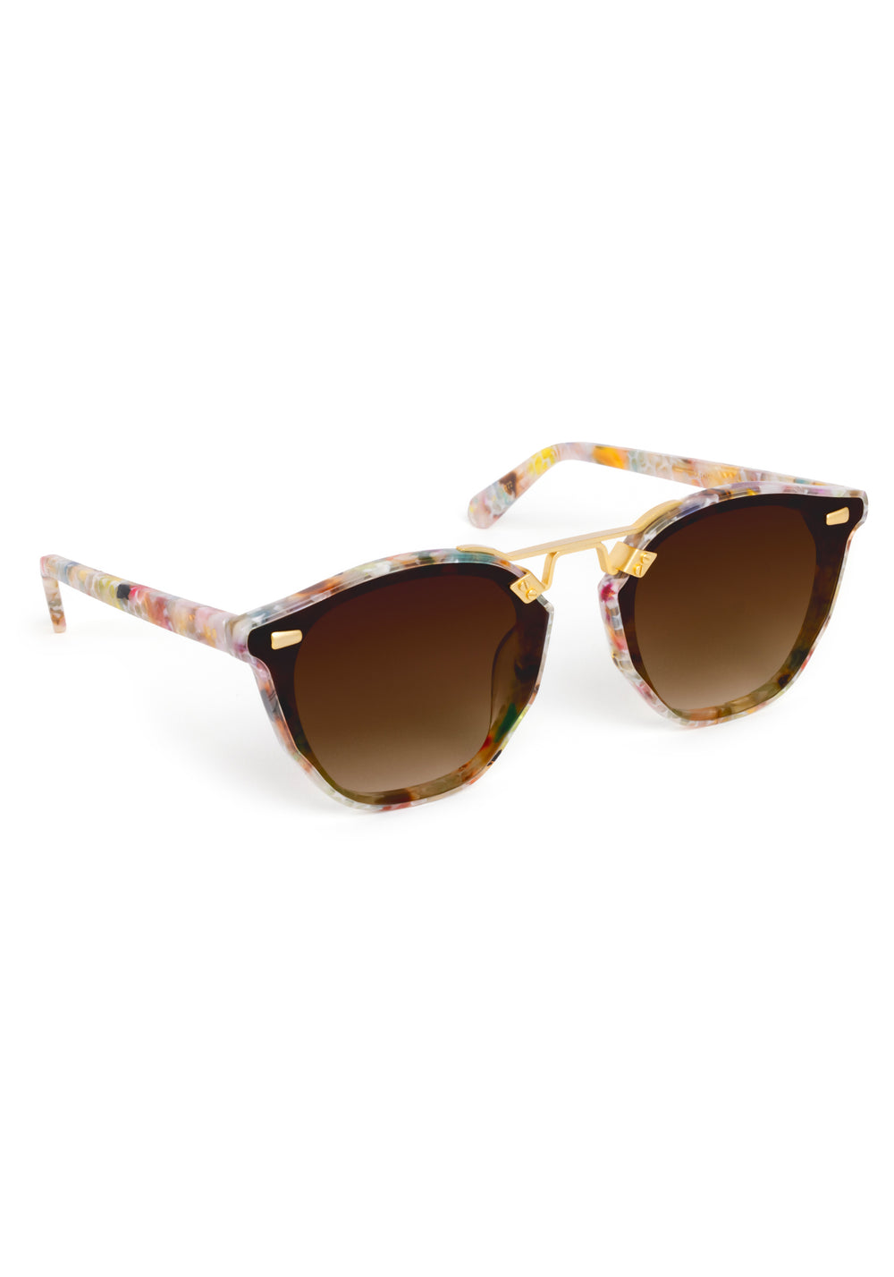 BEAU NYLON | Sucre 18K Handcrafted, luxury, multicolored square acetate KREWE sunglasses with gold bridge and hardware and flat edge to edge nylon lens 