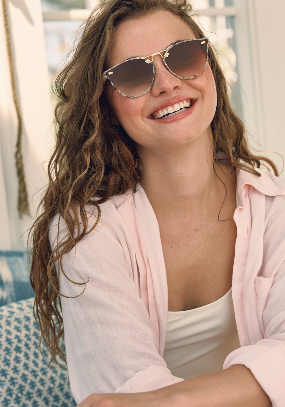 BEAU NYLON | Sucre 18K Handcrafted, luxury, multicolored square acetate KREWE sunglasses with gold bridge and hardware and flat edge to edge nylon lens womens model campaign | Model: Morgan J