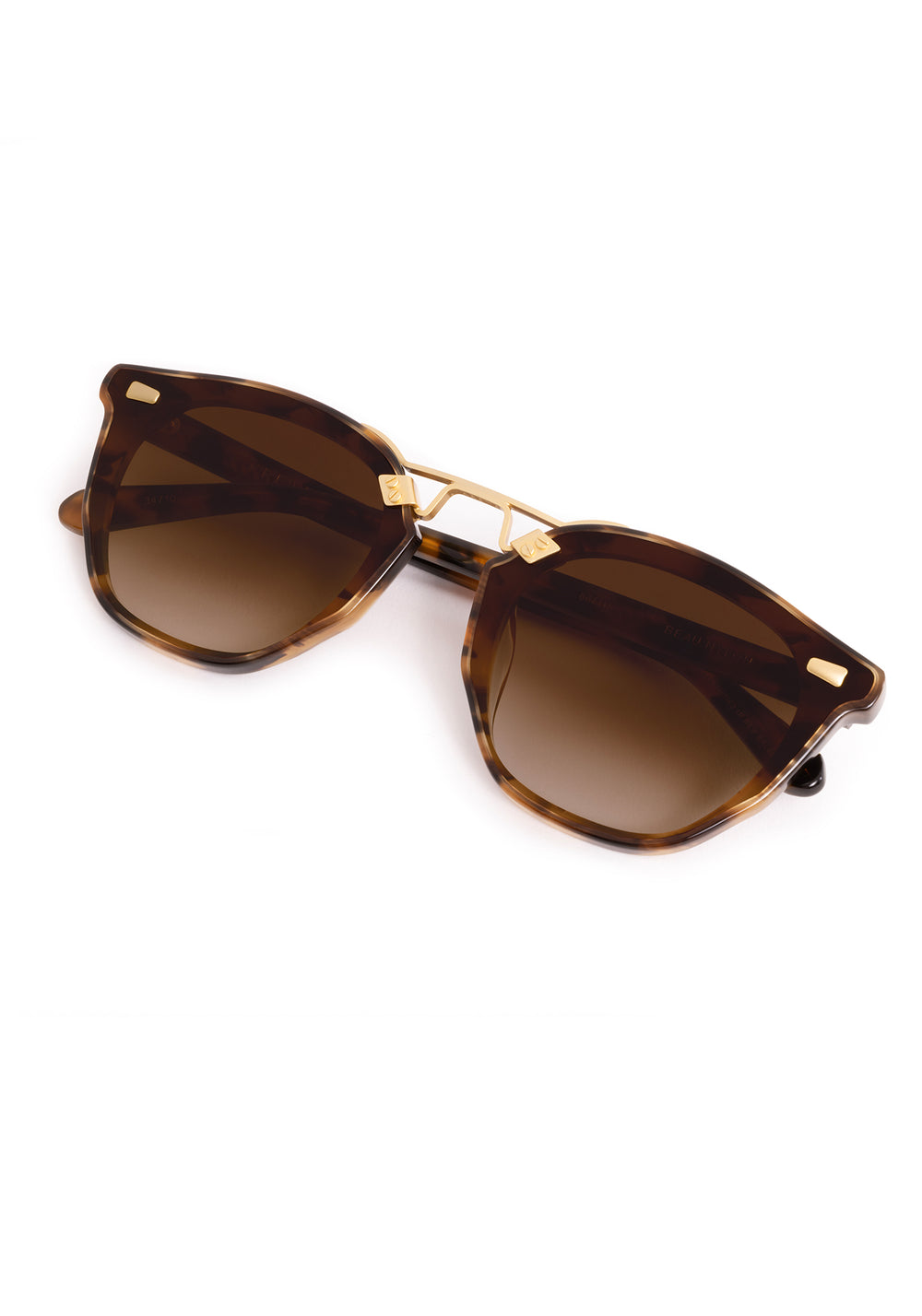 BEAU NYLON | Venezia 18K Handcrafted, luxury, dark brown tortoise square acetate KREWE sunglasses with gold bridge and hardware and flat edge to edge nylon lens