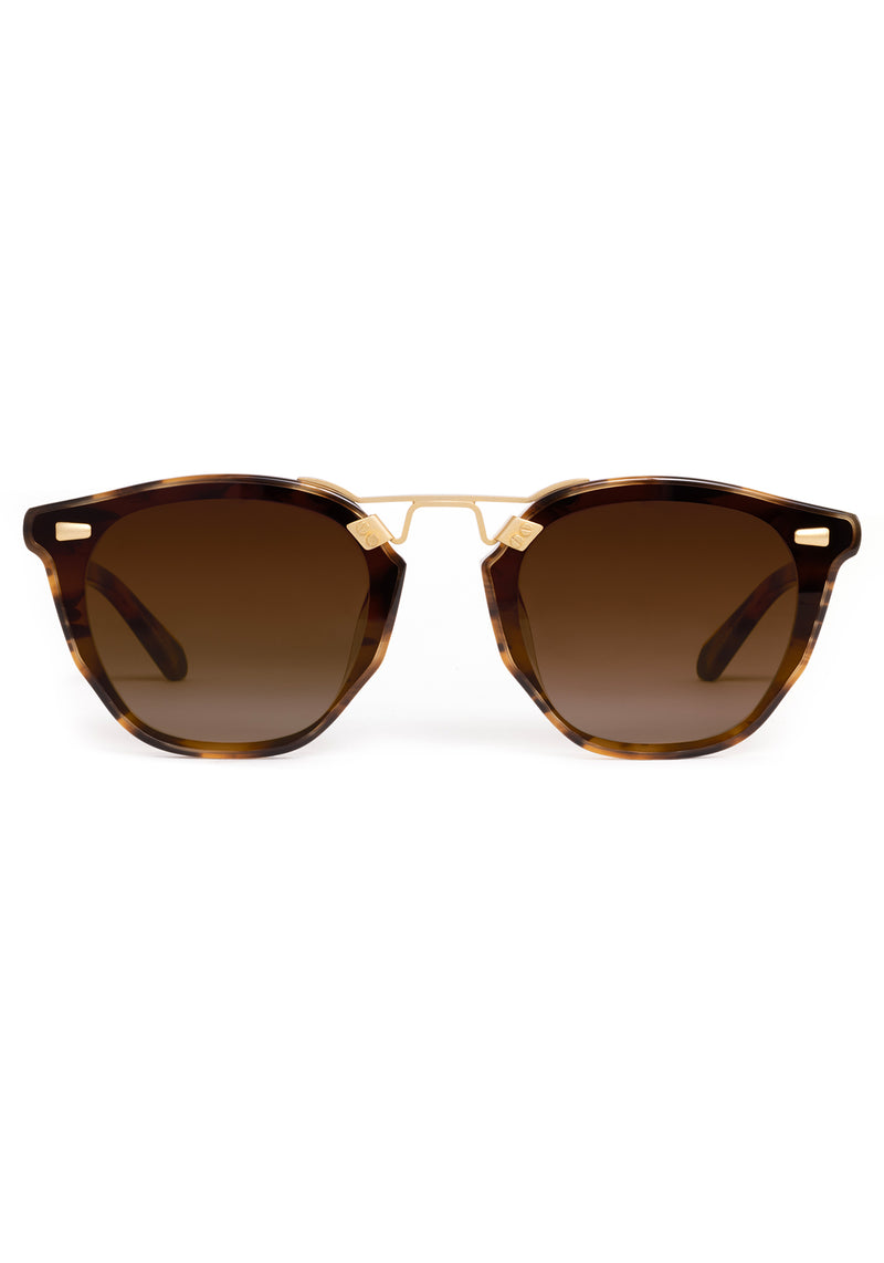 BEAU NYLON | Venezia 18K Handcrafted, luxury, dark brown tortoise square acetate KREWE sunglasses with gold bridge and hardware and flat edge to edge nylon lens