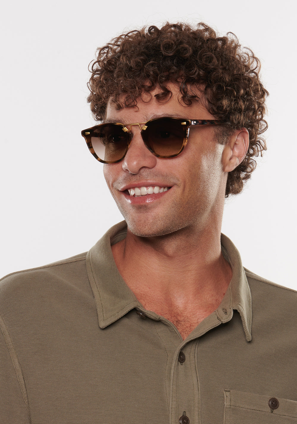 BEAU NYLON | Venezia 18K Handcrafted, luxury, dark brown tortoise square acetate KREWE sunglasses with gold bridge and hardware and flat edge to edge nylon lens mens model | Model: Miguel