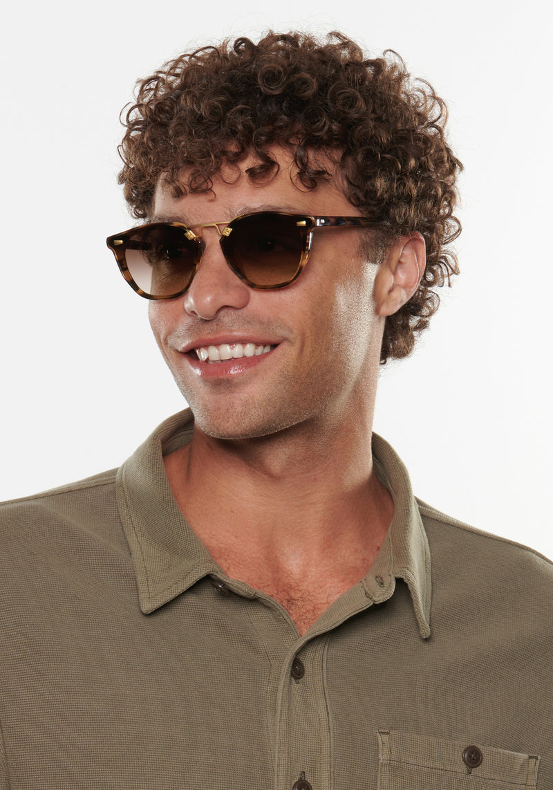 BEAU NYLON | Venezia 18K Handcrafted, luxury, dark brown tortoise square acetate KREWE sunglasses with gold bridge and hardware and flat edge to edge nylon lens mens model | Model: Miguel