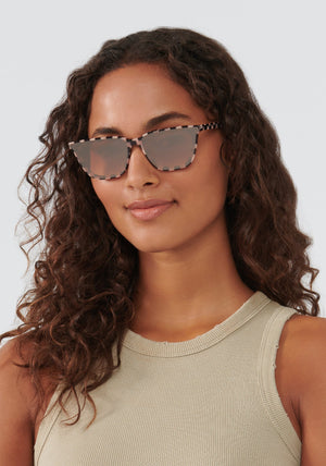BOWERY NYLON | Harlequin Handcrafted, Luxury black and pink checkered acetate KREWE sunglasses womens model | Model: Meli