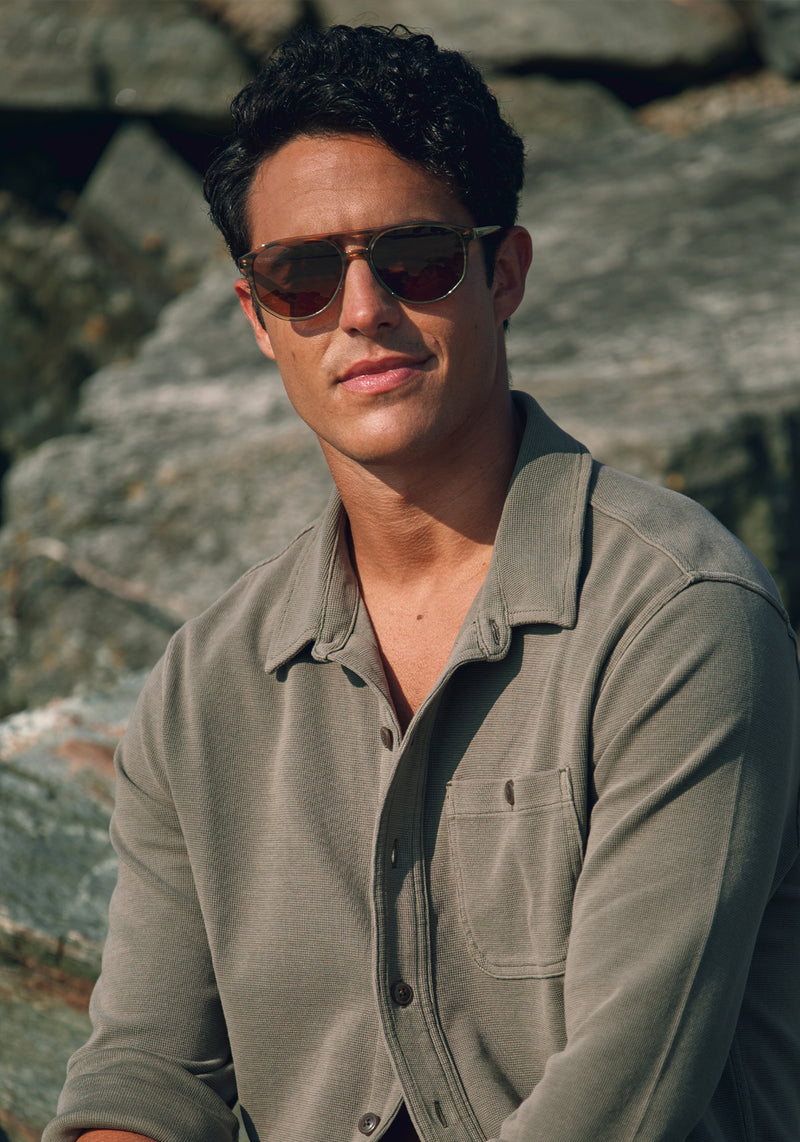 BRANDO | Marsh Polarized Handcrafted, luxury brown green grey gradient acetate aviator polarized KREWE sunglasses mens model campaign | Model: Conrado