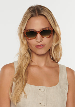 BRIGITTE | Fernet Handcrafted, luxury brown tortoise scalloped cat-eye KREWE sunglasses womens model | Model: Erica