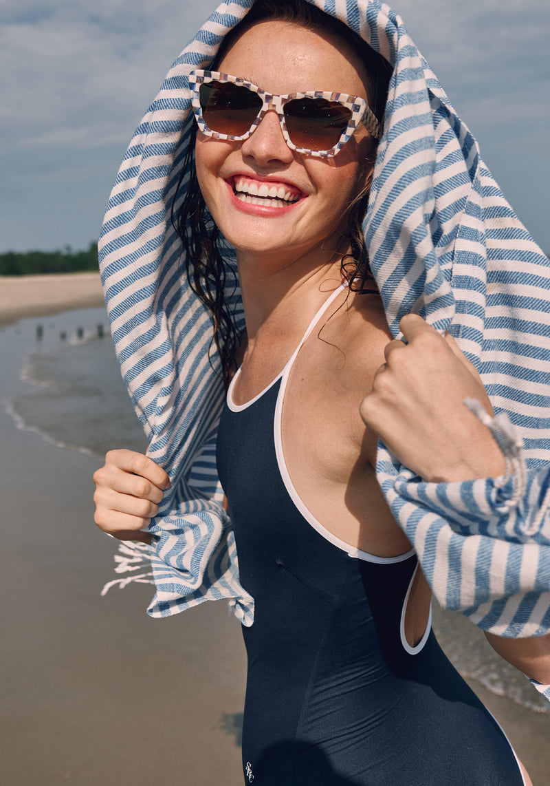 BRIGITTE | Gingham Handcrafted, Blue and White Checkered Acetate KREWE Sunglasses womens model campaign | Model: Morgan J