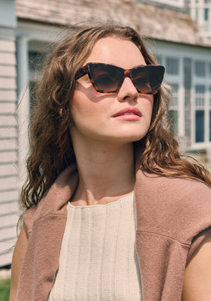 BRIGITTE NYLON | Venezia Handcrafted, dark brown tortoise acetate cat-eye nylon edge to edge lens KREWE sunglasses womens model campaign | Model: Morgan J