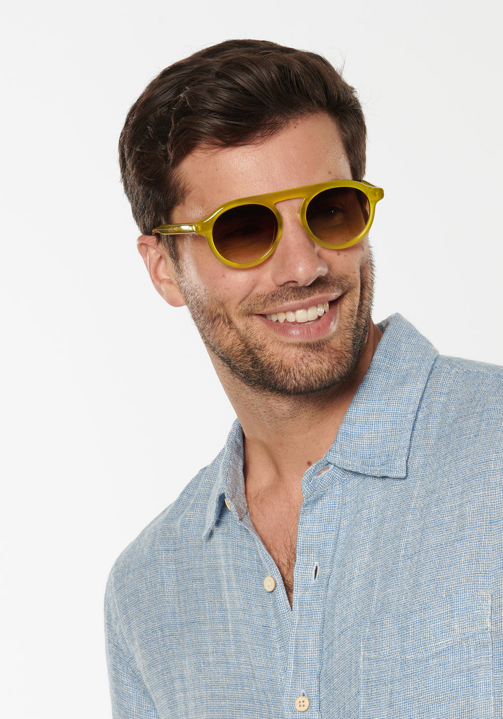 KREWE SUNGLASSES - CAMERON | Chartreuse handcrafted, luxury yellow acetate round frames mens model | Model: Douglas