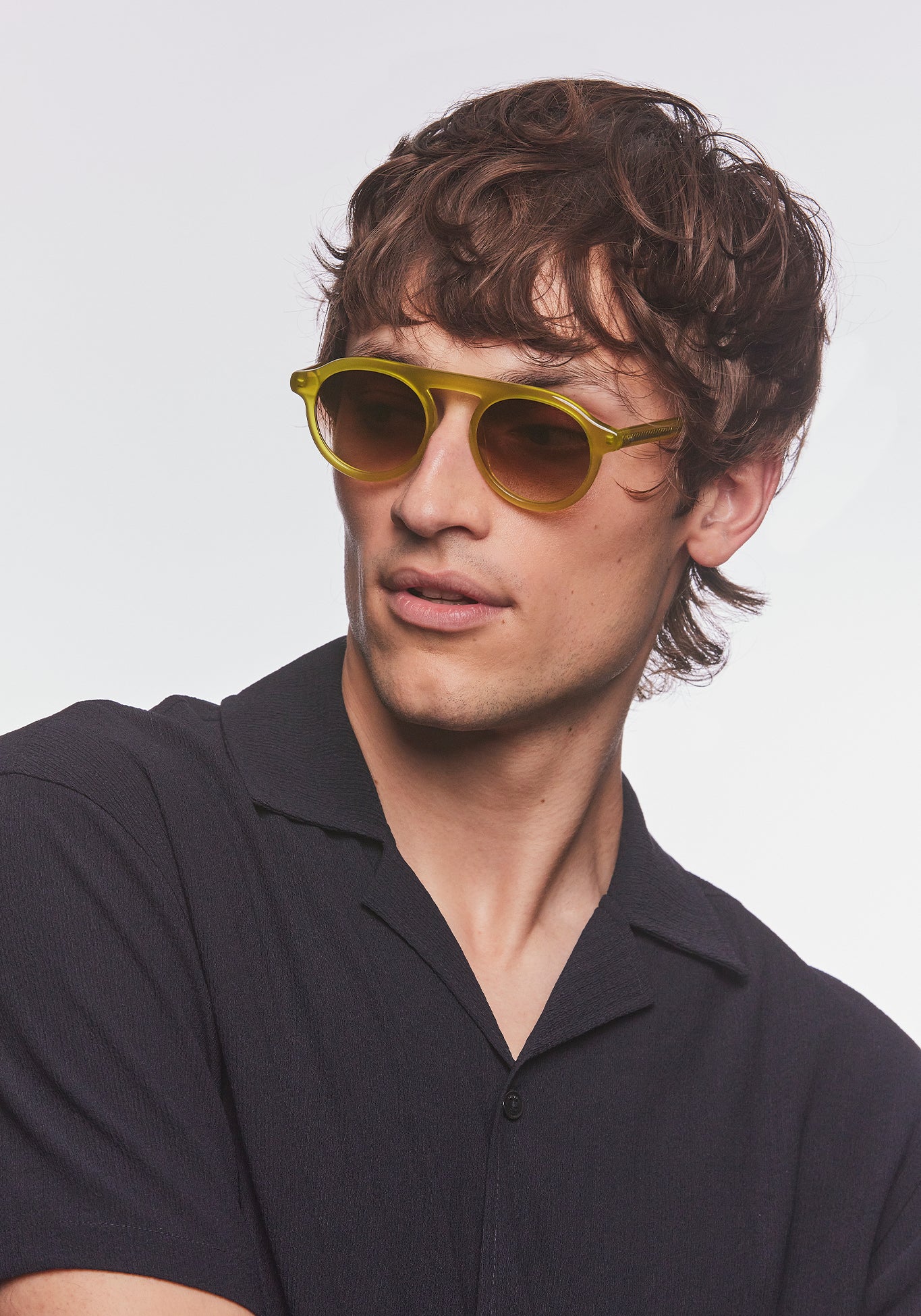 KREWE SUNGLASSES - CAMERON | Chartreuse handcrafted, luxury yellow acetate round frames mens model | Model: Cameron