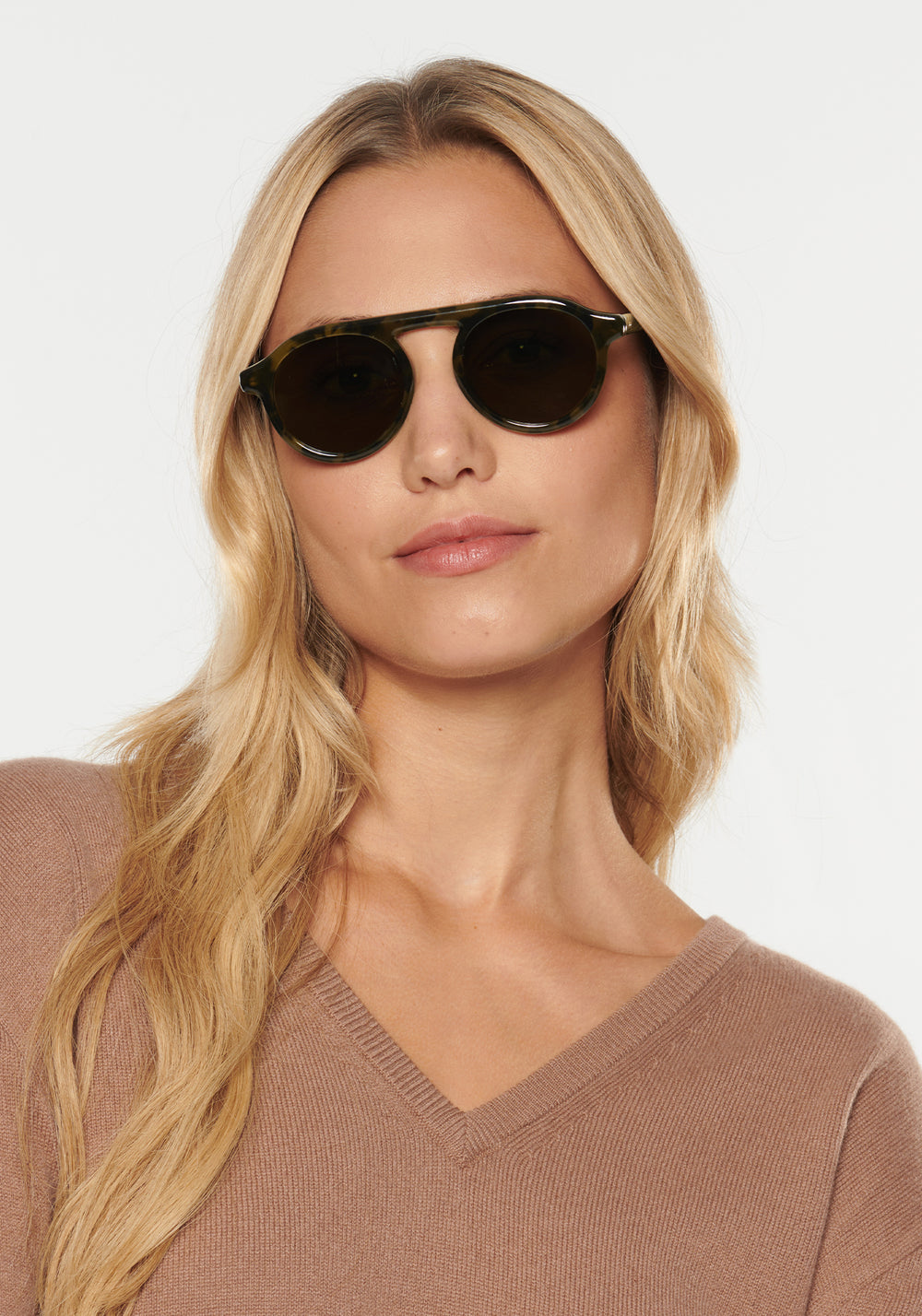 CAMERON | Tortuga Polarized Handcrafted, luxury dark brown acetate round aviator KREWE sunglasses womens model | Model: Erica