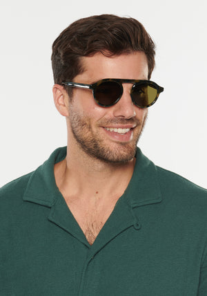 CAMERON | Tortuga Polarized Handcrafted, luxury dark brown acetate round aviator KREWE sunglasses mens model | Model: Douglas