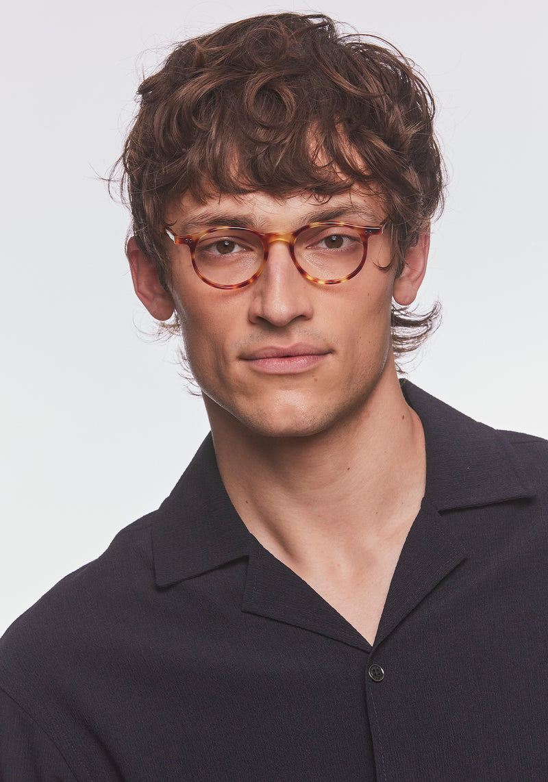 CARSON | Hawksbill Handcrafted, luxury brown tortoise acetate small round KREWE eyeglasses mens model | Model: Cameron