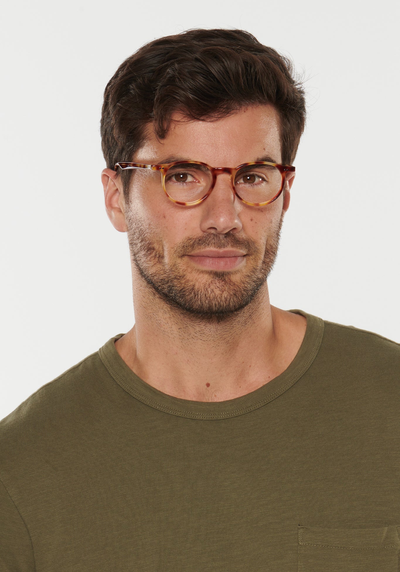 CARSON | Hawksbill Handcrafted, luxury brown tortoise acetate small round KREWE eyeglasses mens model | Model: Douglas