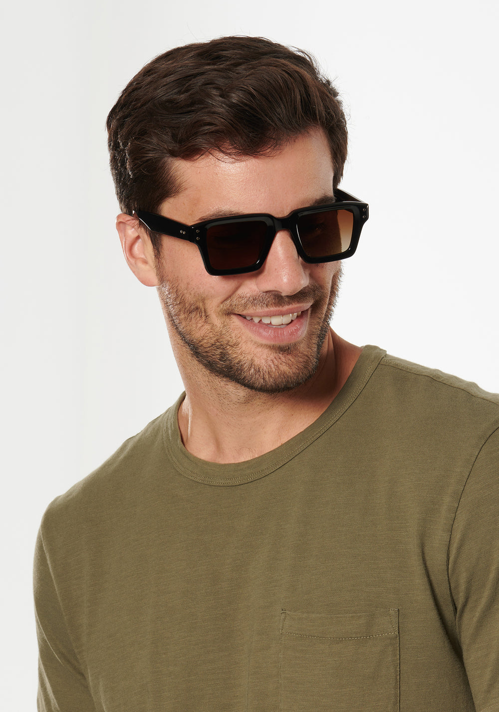 CARTER | Black + Black Tea Polarized Handcrafted, black acetate rectangular square polarized KREWE sunglasses mens model | Model: Douglas