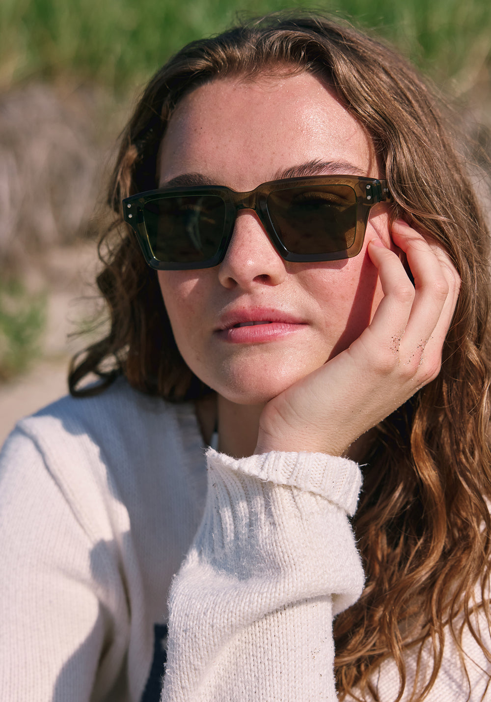 CARTER | Olive + Iberia Handcrafted, tan green and brown tortoise acetate rectangular square KREWE sunglasses womens model campaign | Model: Morgan J