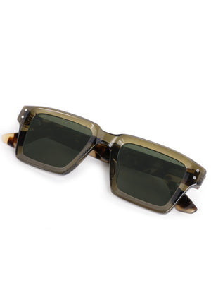 CARTER | Olive + Iberia Handcrafted, tan green and brown tortoise acetate rectangular square KREWE sunglasses