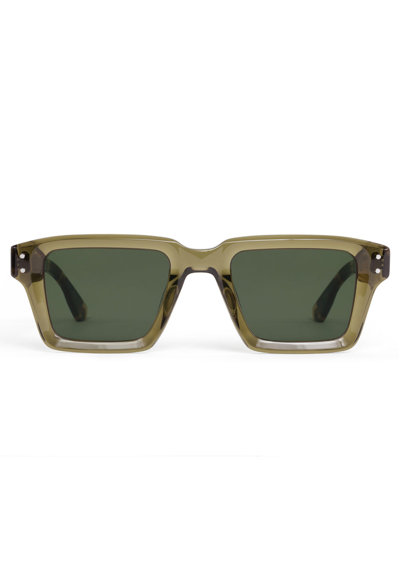 CARTER | Olive + Iberia Handcrafted, tan green and brown tortoise acetate rectangular square KREWE sunglasses