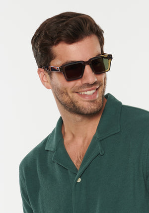 CARTER | Olive + Iberia Handcrafted, tan green and brown tortoise acetate rectangular square KREWE sunglasses mens model | Model: Douglas