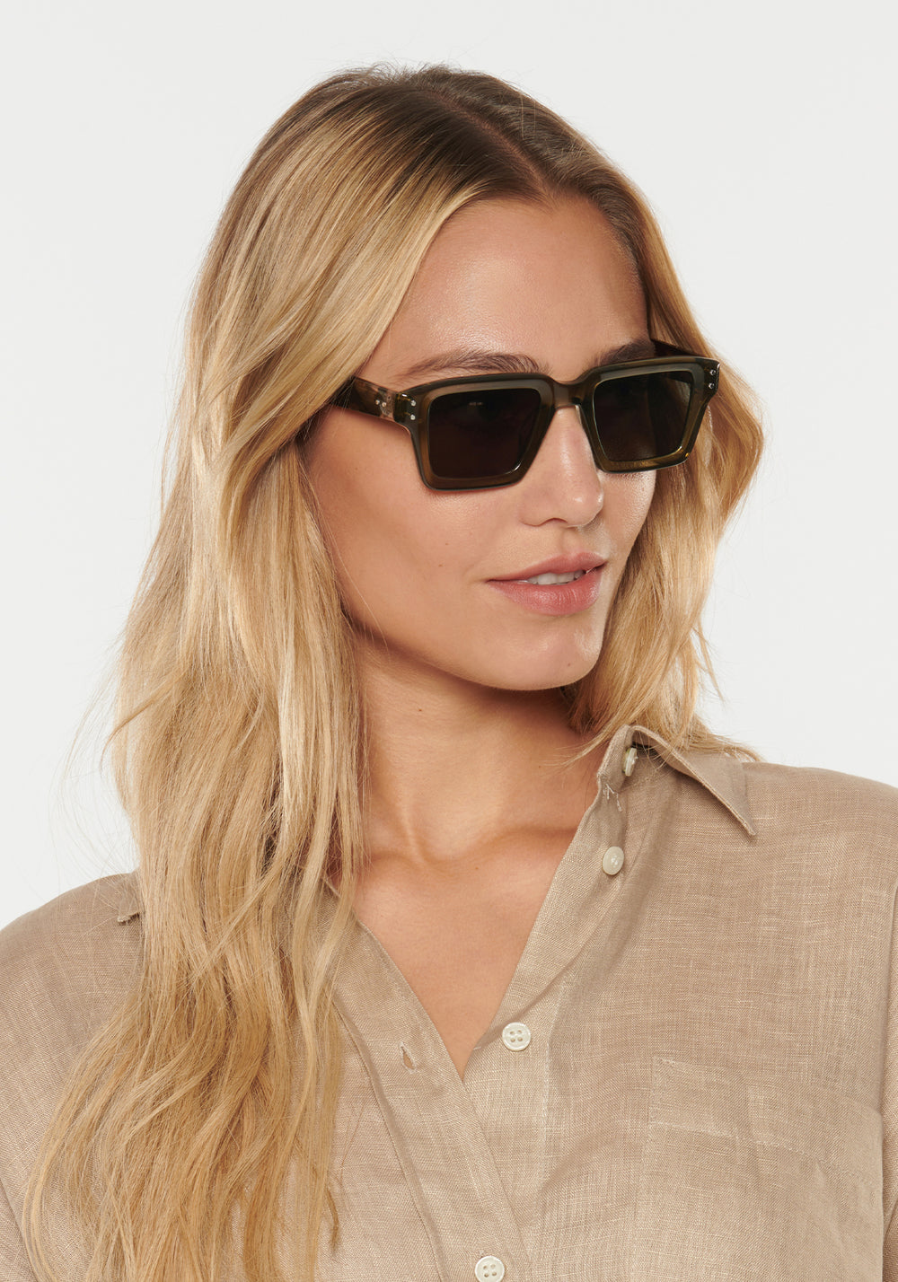 CARTER | Olive + Iberia Handcrafted, tan green and brown tortoise acetate rectangular square KREWE sunglasses womens model | Model: Erica