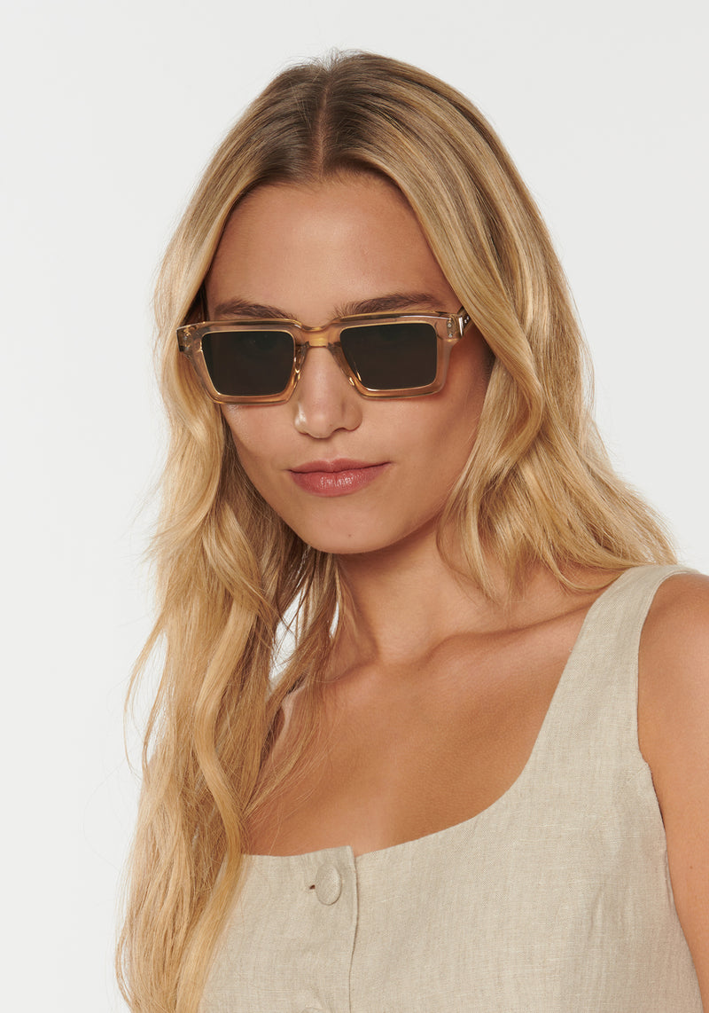 CARTER | Sweet Tea Handcrafted, tan acetate rectangular square KREWE sunglasses womens model | Model: Erica