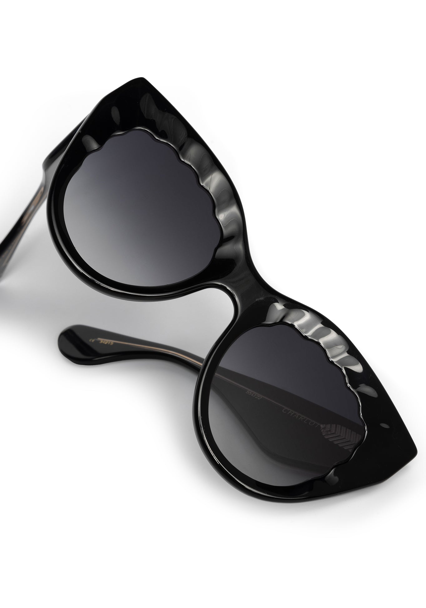 CHARLOTTE | Black + Black and Crystal Handcrafted, luxury glossy black acetate oversized scalloped cat-eye KREWE sunglasses