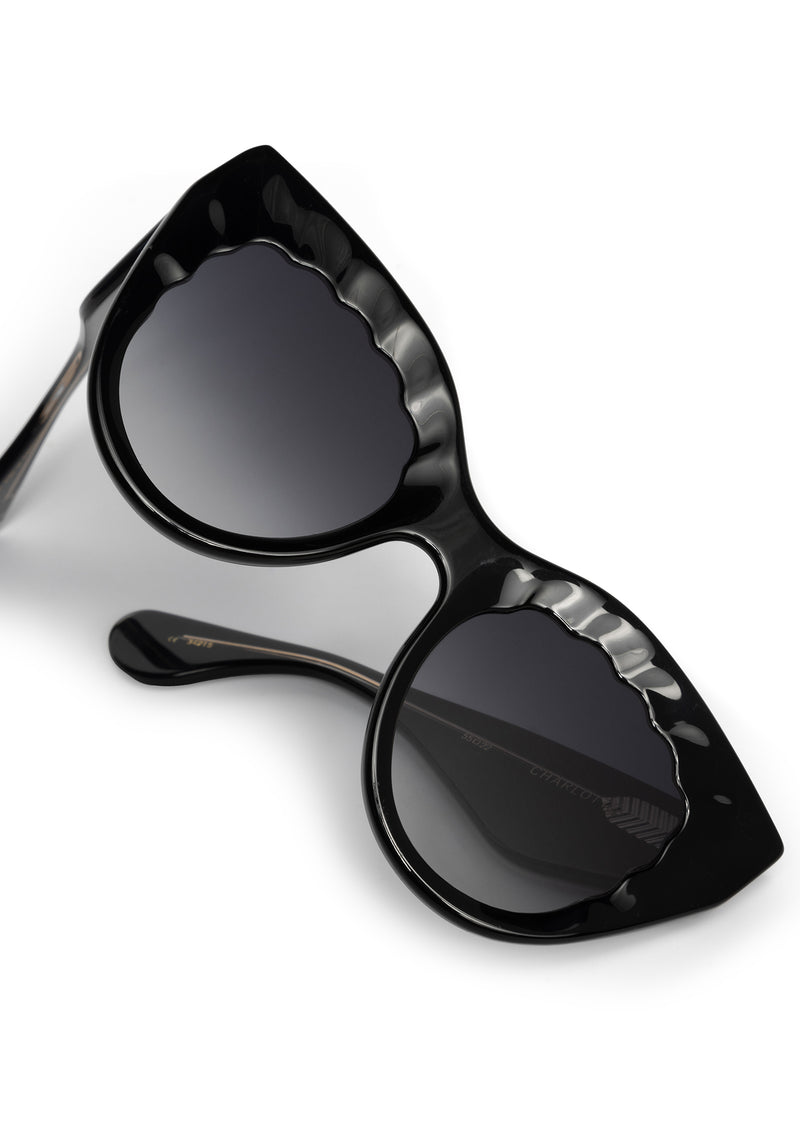 CHARLOTTE | Black + Black and Crystal Handcrafted, luxury glossy black acetate oversized scalloped cat-eye KREWE sunglasses womens model