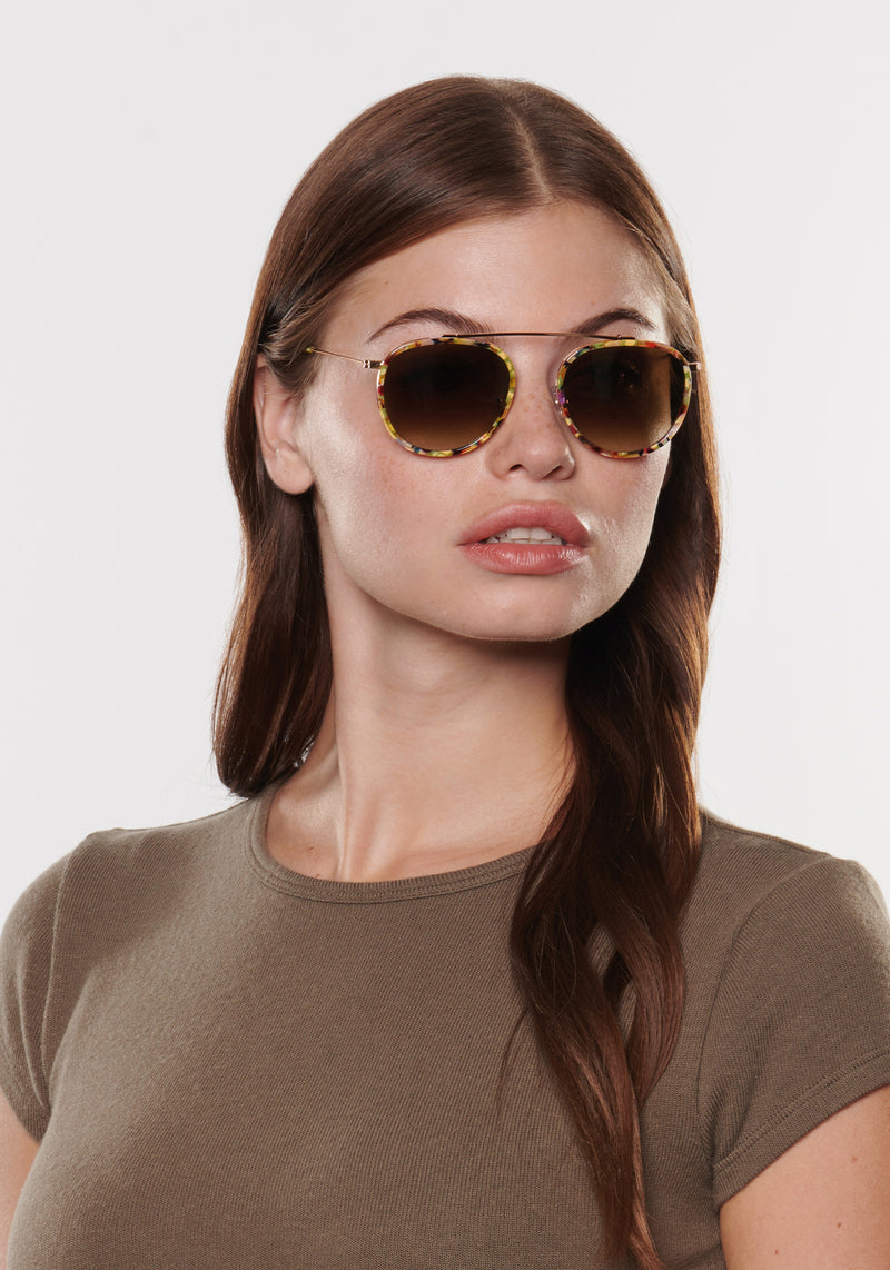 CHARTRES | Canary 18K Handcrafted, luxury multicolored acetate and stainless steel round aviator KREWE sunglasses womens model | Model: Katie