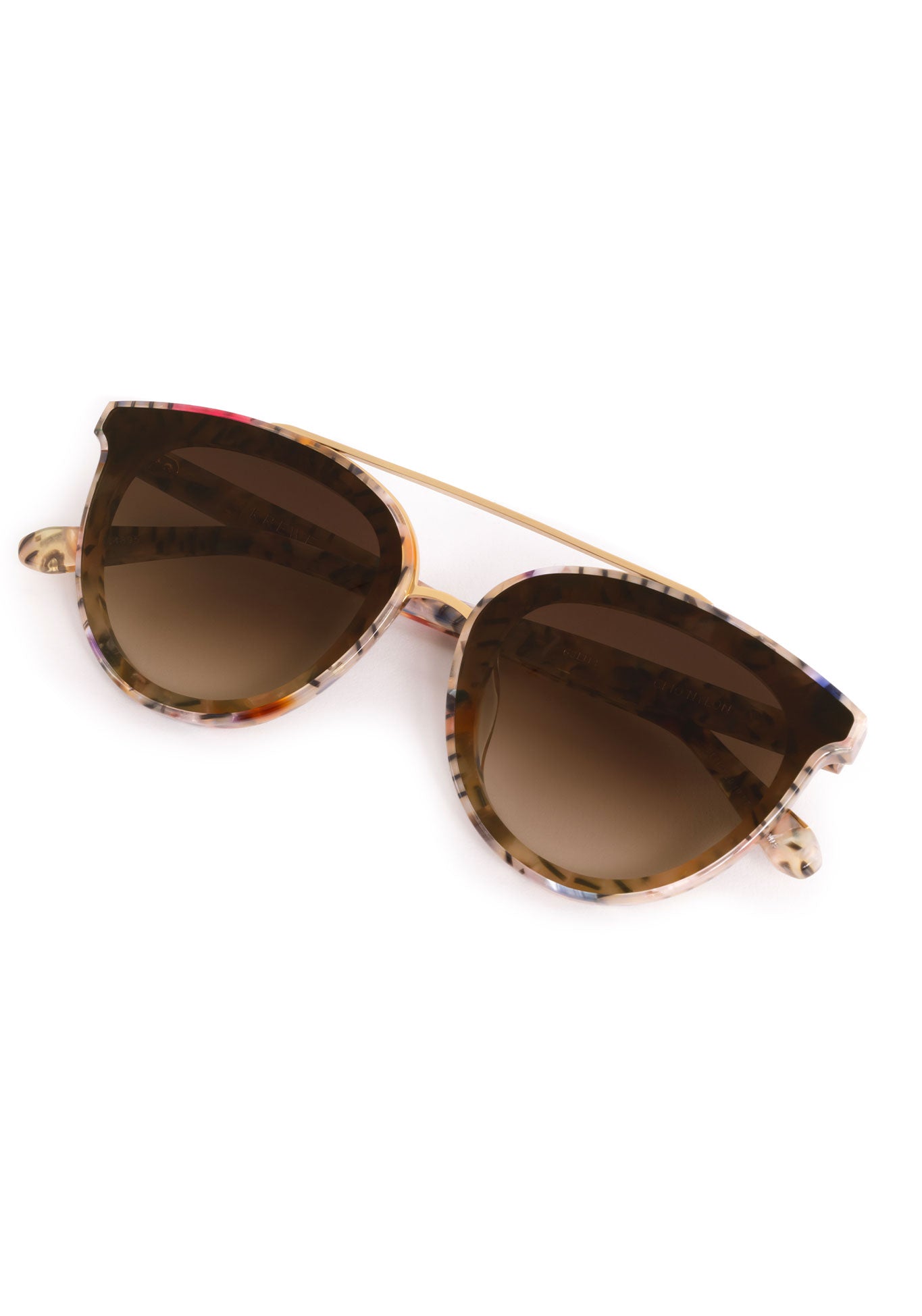 CLIO NYLON | Confetti 18K Handcrafted, multicolored tortoise round acetate KREWE sunglasses with gold brow bar and flat edge to edge nylon lens