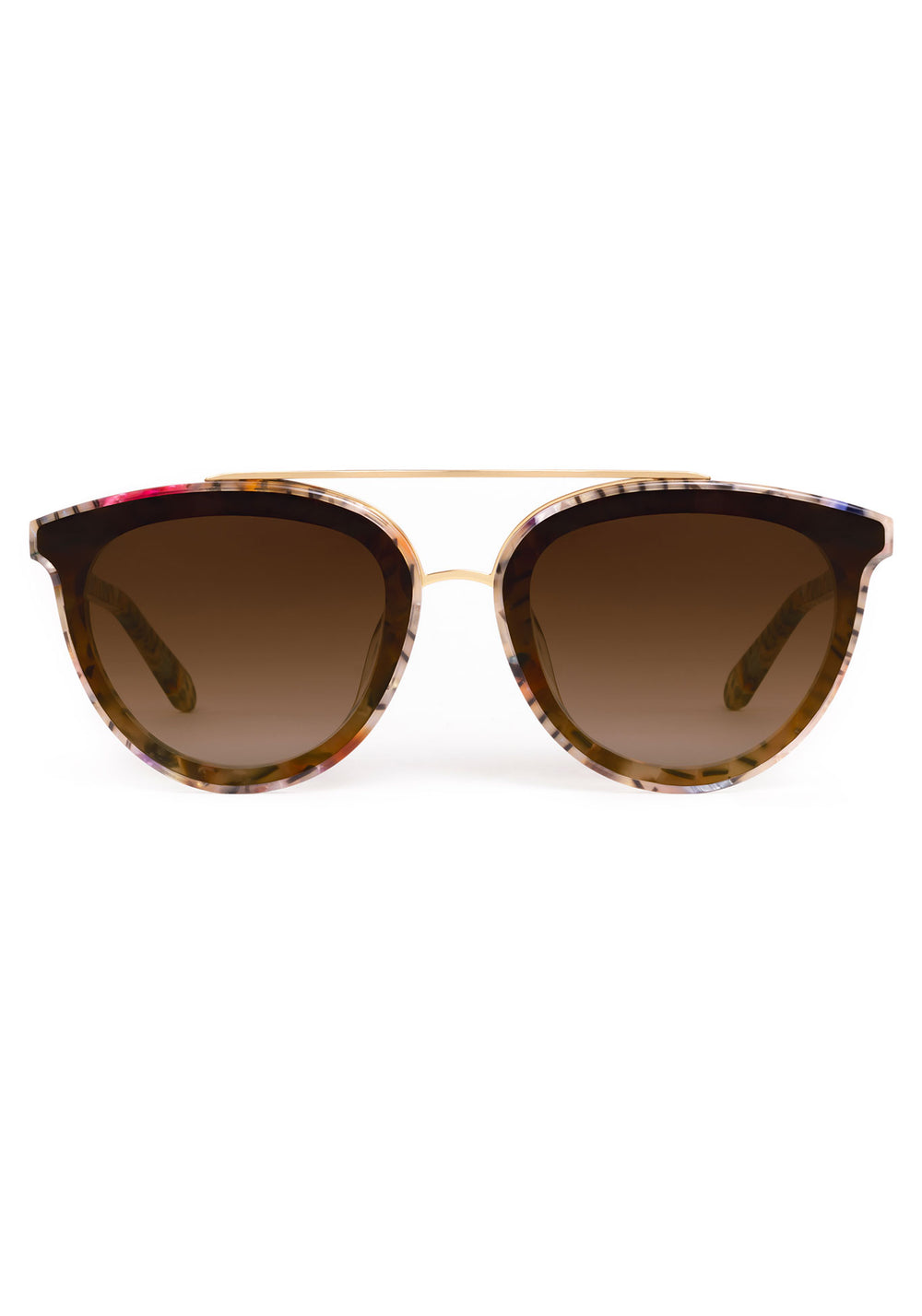 CLIO NYLON | Confetti 18K Handcrafted, multicolored tortoise round acetate KREWE sunglasses with gold brow bar and flat edge to edge nylon lens