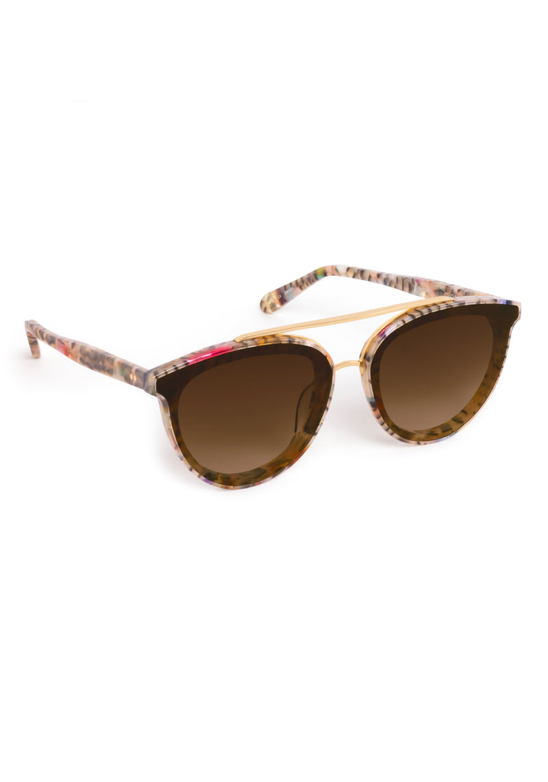 CLIO NYLON | Confetti 18K Handcrafted, multicolored tortoise round acetate KREWE sunglasses with gold brow bar and flat edge to edge nylon lens