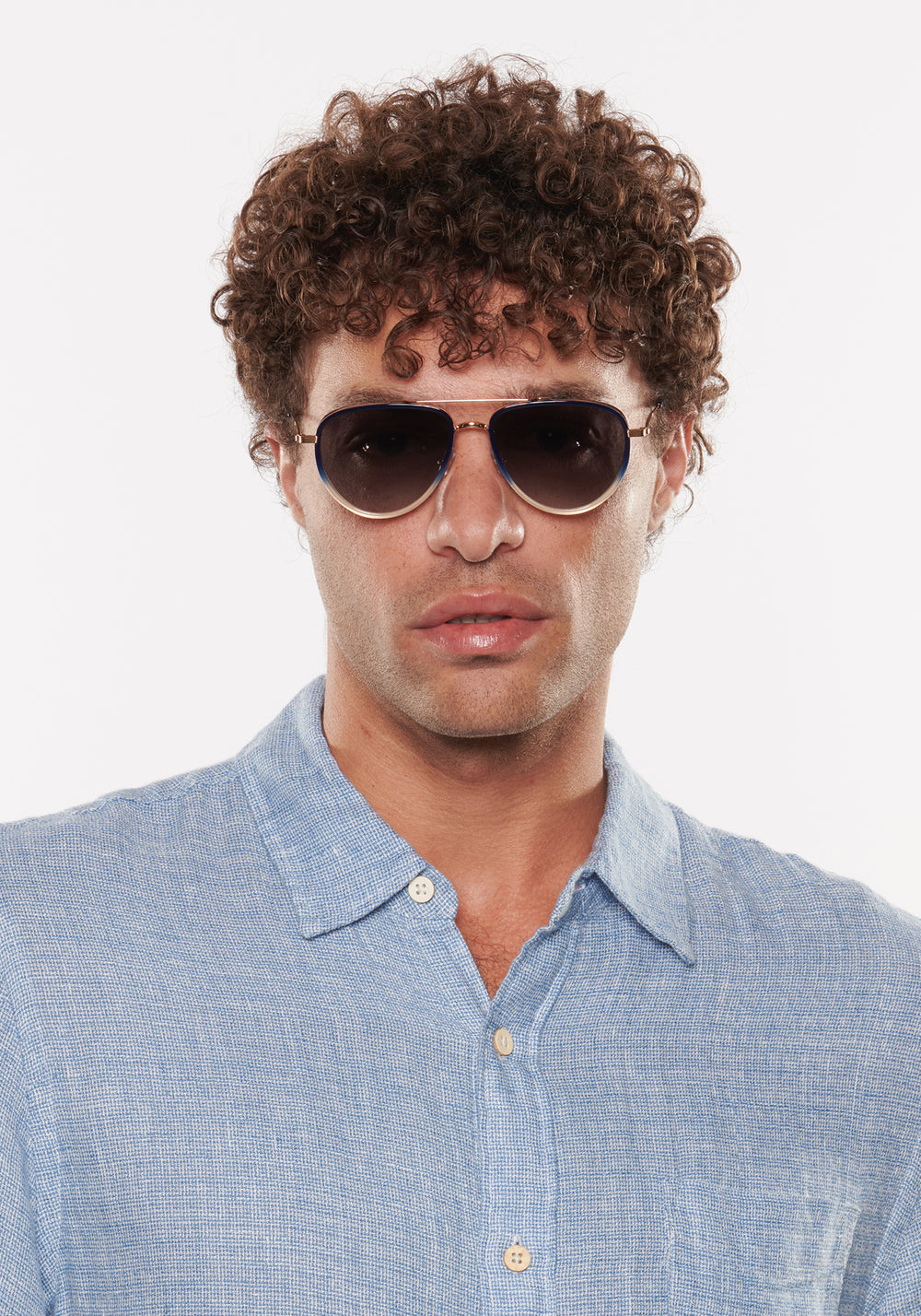 COLEMAN | 18K + Matte Indigo Fade + Gravity Handcrafted, navy acetate luxury KREWE sunglasses mens model | Model: Miguel