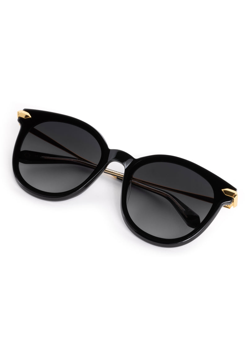 COLETTE NYLON | Black + Black and Crystal 24K Handcrafted, black acetate oversized round nylon edge to edge lens KREWE sunglasses