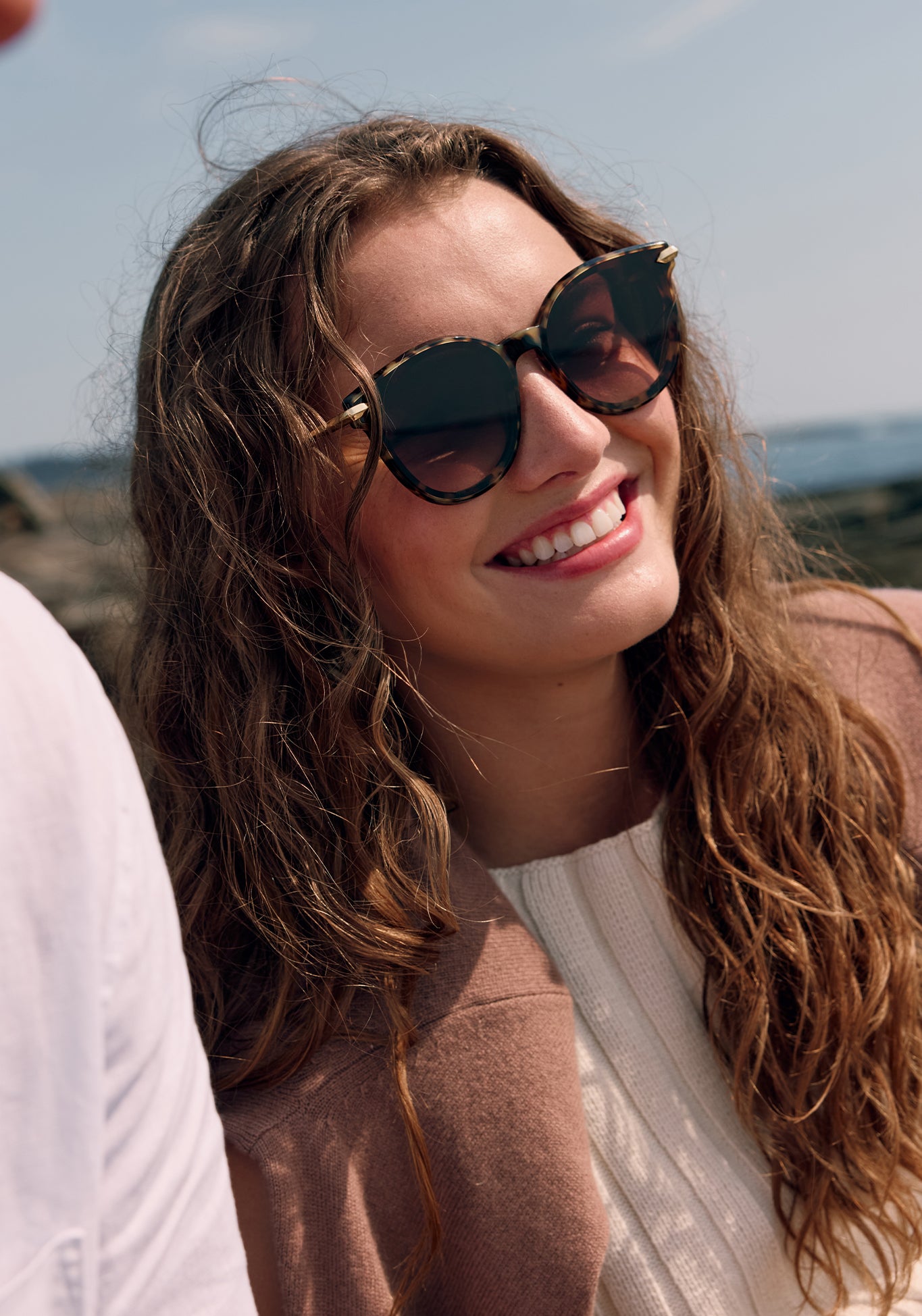 COLETTE NYLON | Blonde Tortoise 18K Handcrafted, brown tortoise acetate oversized round nylon edge to edge lens KREWE sunglasses womens model campaign | Model: Morgan J