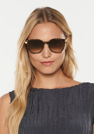 COLETTE NYLON | Blonde Tortoise 18K Handcrafted, brown tortoise acetate oversized round nylon edge to edge lens KREWE sunglasses womens model | Model: Erica