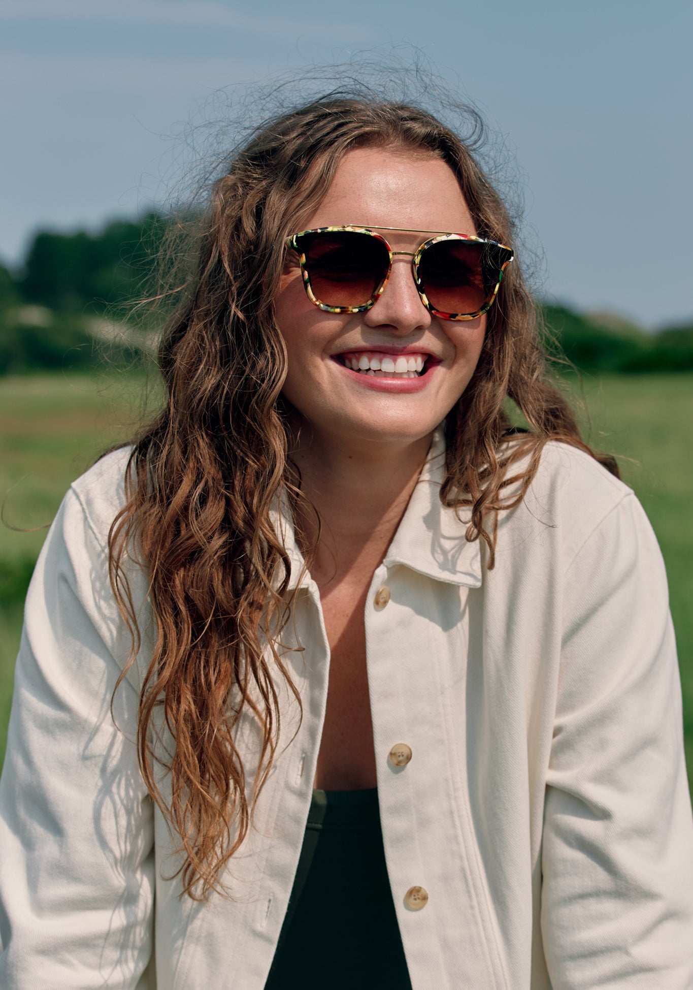 COLISEUM NYLON | Canary 18K Handcrafted, multicolored tortoise acetate oversized square aviator nylon edge to edge lens KREWE sunglasses womens model campaign | Model: Morgan J