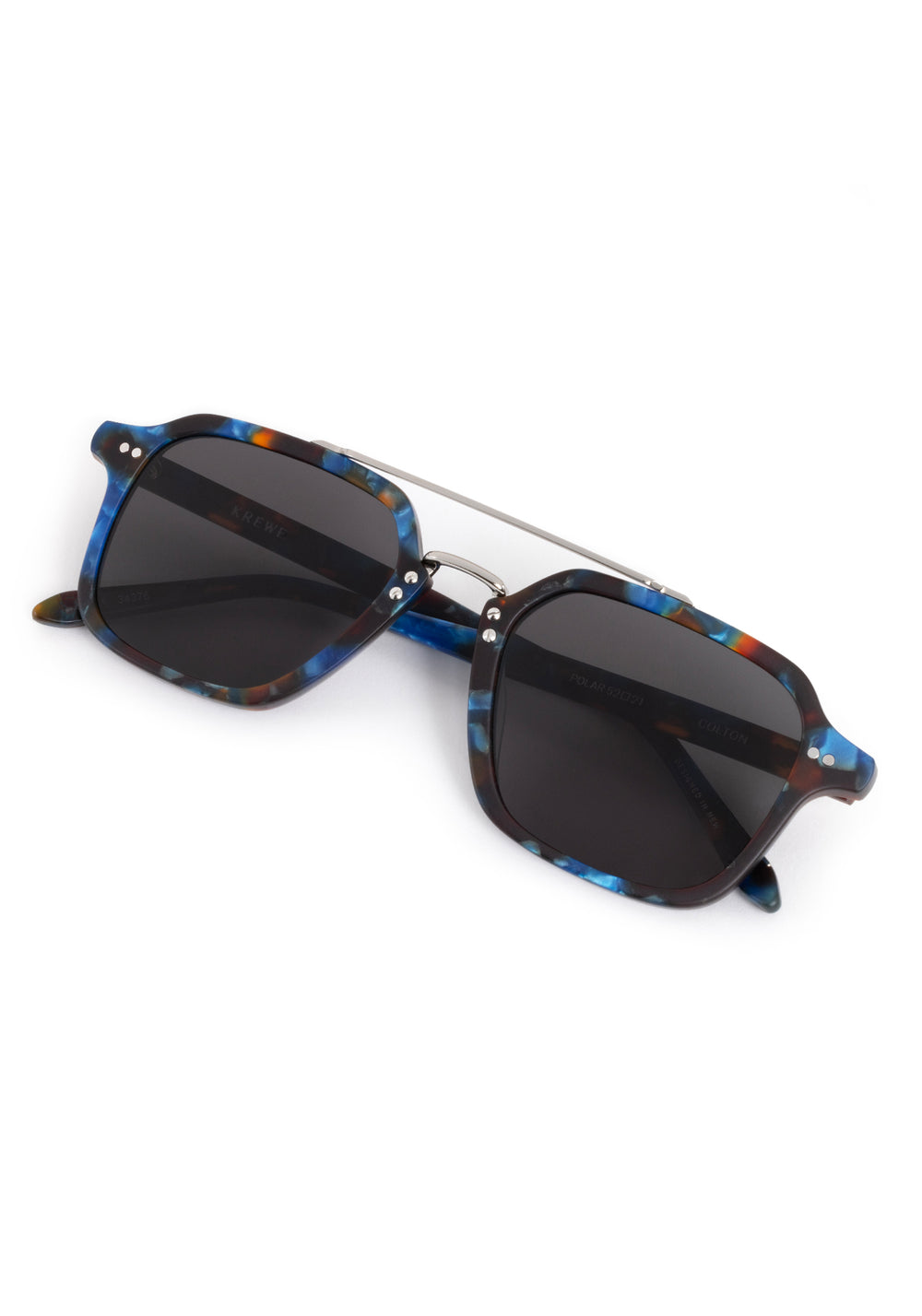 COLTON | Matte Blue Steel Silver Polarized Handcrafted, luxury blue tortoise acetate and silver stainless steel square aviator polarized KREWE sunglasses