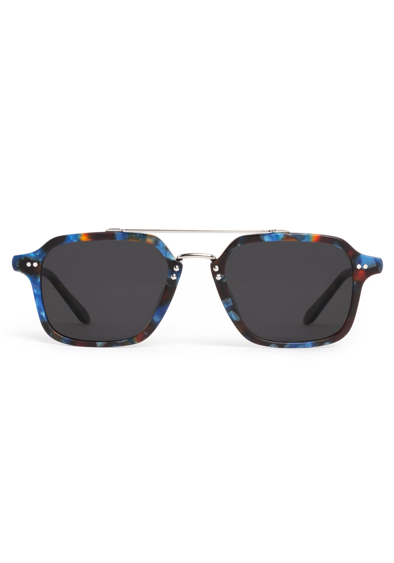 COLTON | Matte Blue Steel Silver Polarized Handcrafted, luxury blue tortoise acetate and silver stainless steel square aviator polarized KREWE sunglasses