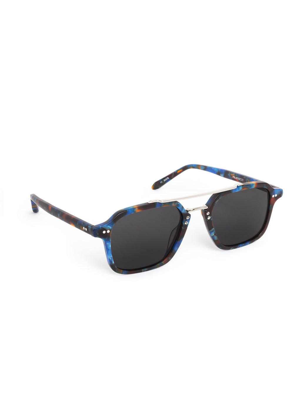 COLTON | Matte Blue Steel Silver Polarized Handcrafted, luxury blue tortoise acetate and silver stainless steel square aviator polarized KREWE sunglasses