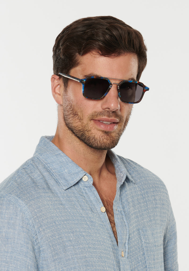 COLTON | Matte Blue Steel Silver Polarized Handcrafted, luxury blue tortoise acetate and silver stainless steel square aviator polarized KREWE sunglasses mens model | Model: Douglas