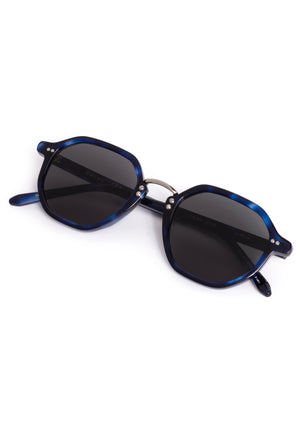 DAKOTA | Indigo Tortoise Silver Polarized Handcrafted, luxury, dark blue tortoise acetate polarized KREWE sunglasses with silver bridge and hardware